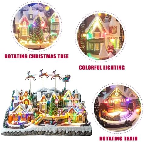 Colourful Led Lights Christmas Music, Christmas Village House, with Flying Reindeer, Rotating Christmas Tree, Moving Train, 55x32.5x43 cm