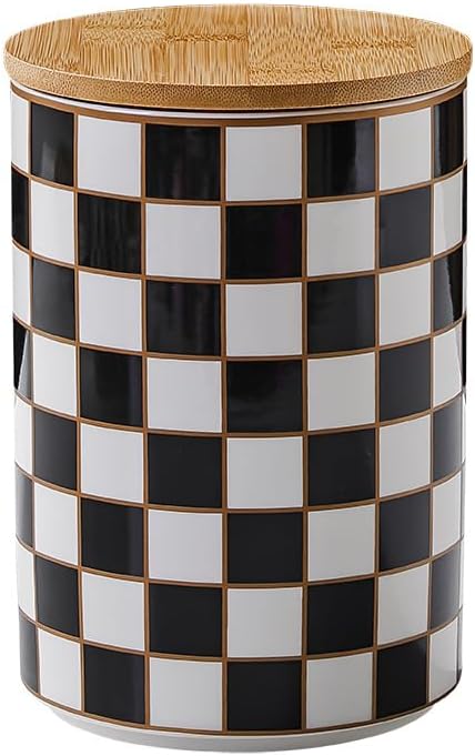 Kitchen Countertop Ceramic Checkered Canisters,Black And White Food Storage Containers With Lid,Airtight Kitchen Canisters for Flour, Sugar, Coffee, Tea, and Dry Goods (Black, XL)