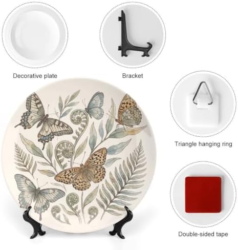 Butterflies Ferns Decorative Plates 8 Inch Botanical Decorations Plates Wall Decor with Stand Home & Office