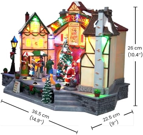 Christmas Village House Decoration, Colourful LED Lights Light Up Buildings, with Rotating Scene, Multi-Color LED Lights, Christmas Cinema Scence, Music Rendering Atmosphere