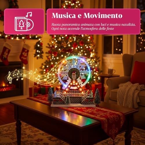 Avilia Joywheel Animated Ferris Wheel for Christmas Village, Christmas Carousel with Colorful LED Lights and Music, Battery Operated Hand Painted Decoration for Home, Table or Unique Holiday Gift