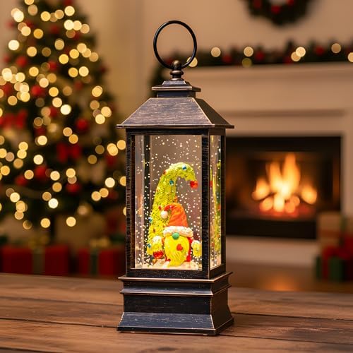 10'' Christmas Gnomes Snow Globe Lantern Lighted Whimsical Christmas Tree & Scandinavian Santa Elf Musical Water Lantern Swirling Glittering Home Decoration and Gift, Battery Operated or USB Powered
