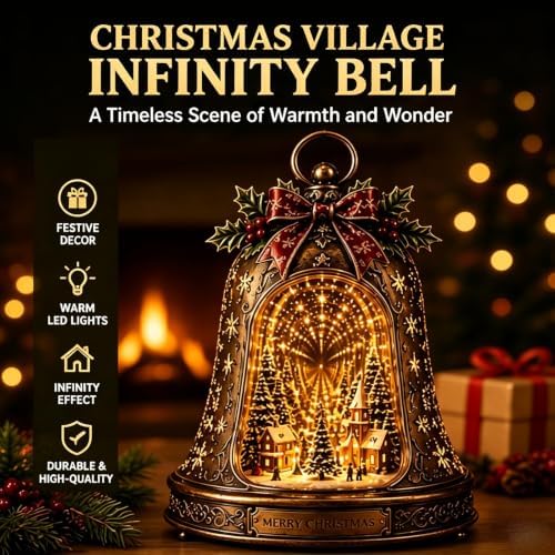 Christmas Village Infinity Bell - Lighted 3D Holiday Decor - Versatile Mantel Tabletop Decoration Rotating Snowy Tree, Easy Hanging Display, Warm Seasonal Style, Gift-Ready Appeal ForHome Entry，2pcs