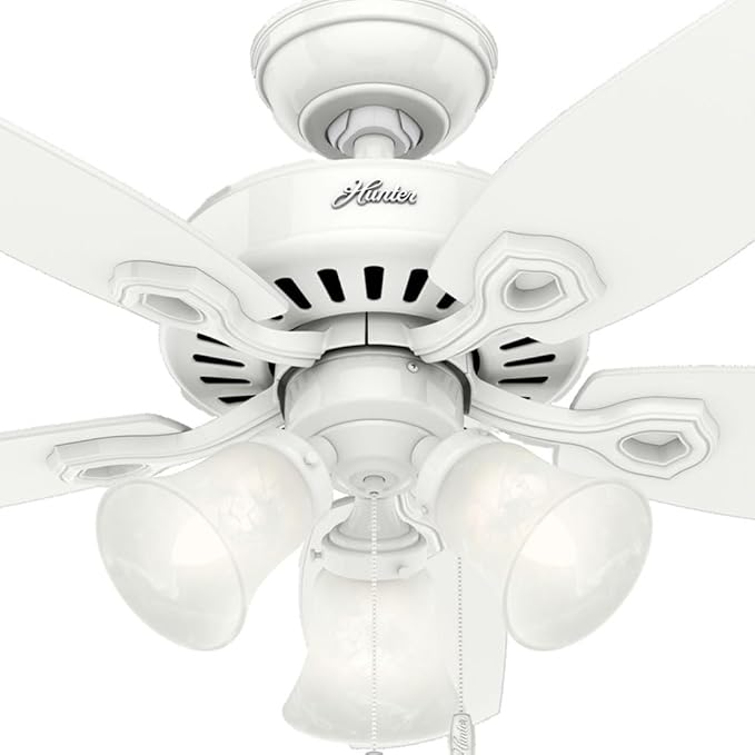 Hunter 42 inch Indoor Ceiling Fan with LED Lights - White Ceiling Fan with Pull Chain, For Bedroom or Living Room, Standard Mount, No Remote, 5 Blades, Includes Bulbs - Builder 52105, Snow White