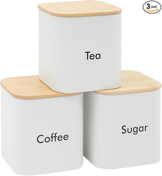 Juvale Coffee Bean Storage Canisters for Countertop - 3-Piece White Iron 48 oz Set - Silicone Seal Lids for Freshness - Sugar Jar & Tea Organizer - Coffee Bar Accessories & Countertop Organization