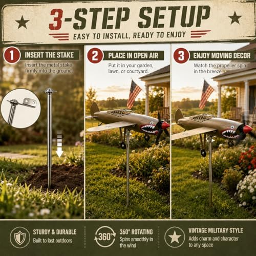 Metal Airplane Wind Spinner for Yard, 3D Shark-Mouth Plane Garden Stake Decor, 360° Rotating Outdoor Lawn Ornament for Patio Flower Bed, 1 Pack(Taupe)