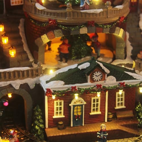 Christmas Village Buildings with Rotating Train and Rotating Christmas Tree with Color LED Lights and Christmas Music for Indoor Holiday Xmas Tabletop Decor