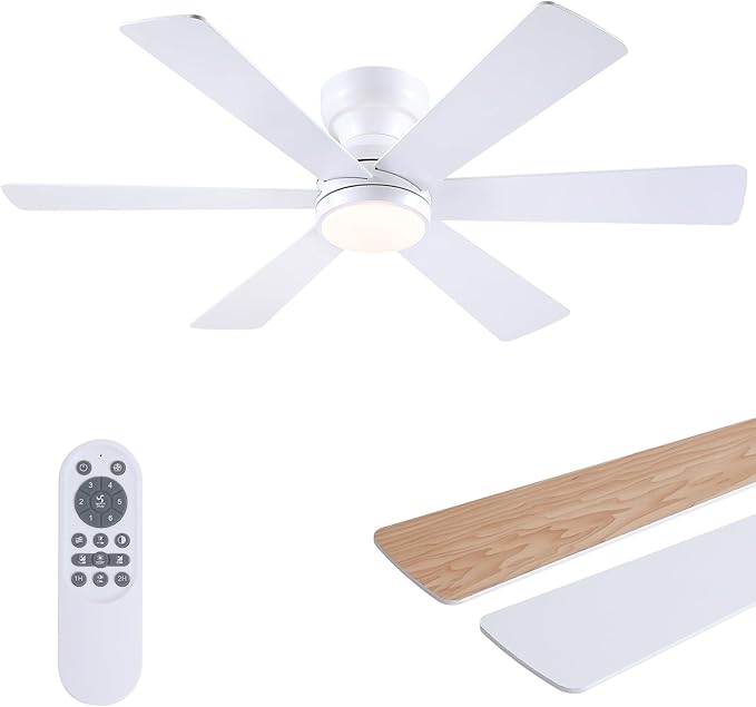 Asyko 46" White Low Profile Ceiling Fan with Light and Remote,Modern Flush Mount Ceiling Fans for Bedroom, Living Room, 6 Speeds, Dimmable, Timer, Quiet Reversible