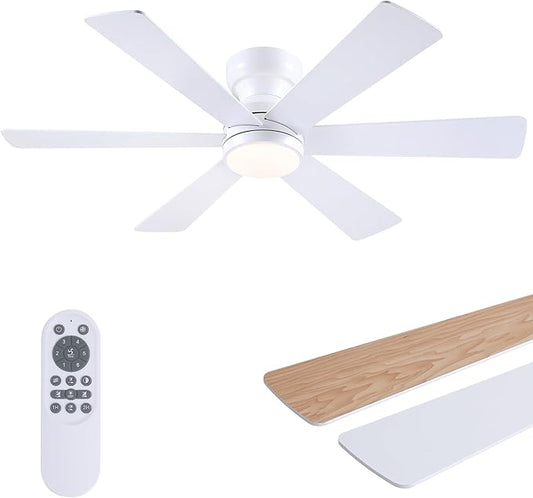 Asyko 46" White Low Profile Ceiling Fan with Light and Remote,Modern Flush Mount Ceiling Fans for Bedroom, Living Room, 6 Speeds, Dimmable, Timer, Quiet Reversible