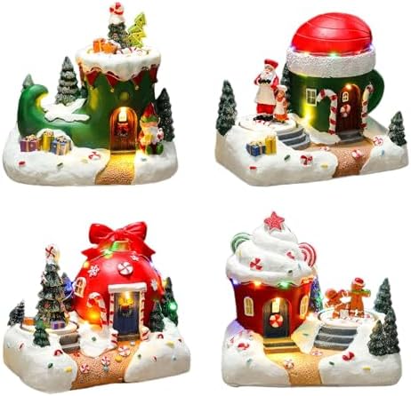 Holiday Seasonal Musical House Resin Ornament with Colorful LED Light Christmas Rotating Figurines Statue Desktop Decors LED Light Christmas Ornament
