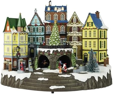 Christmas Village Houses, Electric Ornaments Buildings Light Up Scene Christmas Decorations LED Snow Cover Decor, Rotating Christmas Trees and Roller Skaters