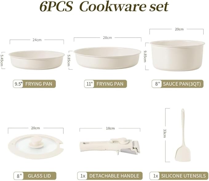 Pots and Pans Sets Non Stick，6PCS Ceramic Cookware Sets Nonstick Detachable Handle，Induction hob Pans(beige)