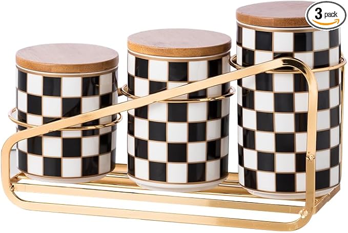 Kitchen Countertop Ceramic Canisters Set, 3Pcs Grid Pattern Kitchen Jars with Layered Shelves, Sealed Countertop Flour and Sugar Containers, Coffee and Tea Storage