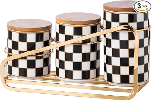 Kitchen Countertop Ceramic Canisters Set, 3Pcs Grid Pattern Kitchen Jars with Layered Shelves, Sealed Countertop Flour and Sugar Containers, Coffee and Tea Storage