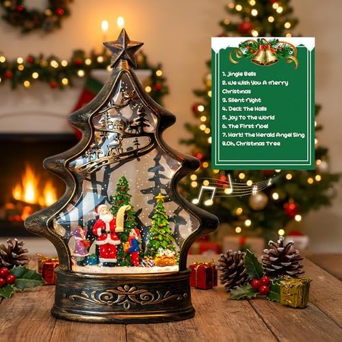 Musical Snow Globe Christmas Tree Lantern Lighted Santa List Christmas Snow Water Lantern Swirling Glittering Home Decoration and Gift, Battery Operated or USB Powered