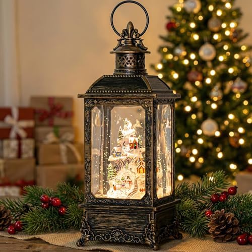 Christmas Snow Globe Lantern Musical Lighted Snow Mountain Snowman Village Water Lantern with Swirling Glitter Decoration for Christmas Home, Living Room, Batter Operated or USB Powered