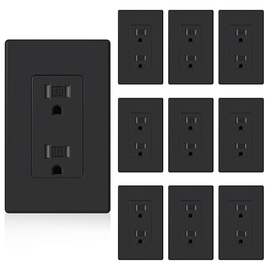 ELEGRP Matte Black Tamper Resistant Decorator Wall Receptacle Outlet, 15A 125V Electrical Outlet, Residential Grade, Self-grounding, Screwless Wall Plate Included, UL Listed, 10 Pack