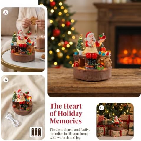 Ipetboom Santa Workshop Rotating Music Box - Resin Christmas Music Box - LED Light Up Musical Ornament for Indoor Festive Party, Holiday Home, Battery Powered Display