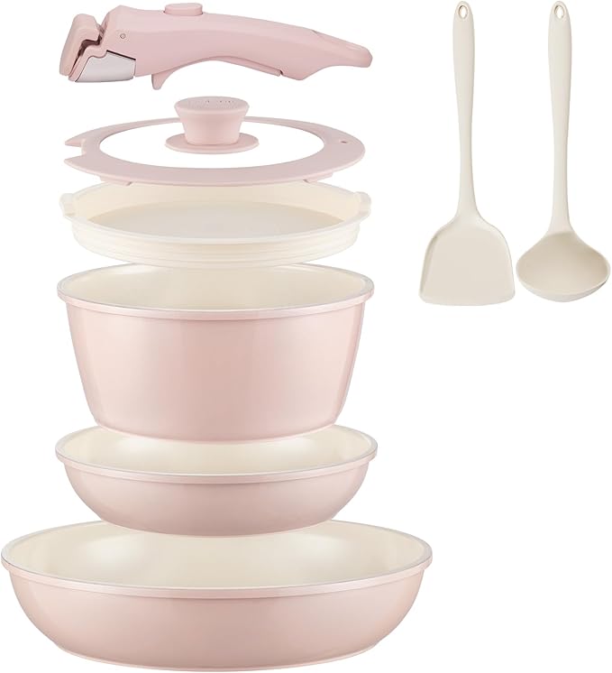 Ceramic Cookware Set Non Stick 8Pcs Pots and Pans Set Removable Handle Induction Kitchen Cookware Set with Frying Pans Oven Safe, Light Pink