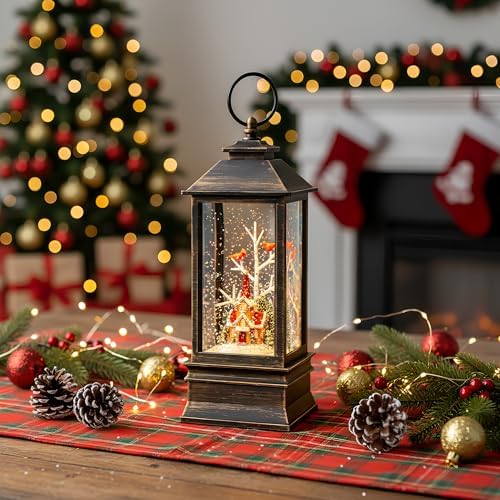 10'' Christmas Snow Globe Lantern Lighted Christmas Village Church Scene Musical Water Lantern with Swirling Glittering Home Decoration and Gift, Battery Operated or USB Powered
