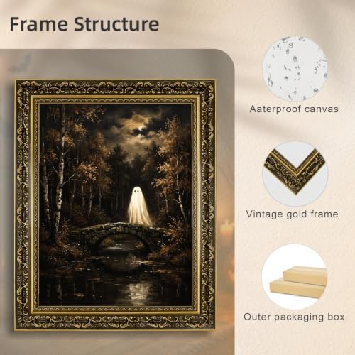 Gold Vintage Framed Ghost Bridge Wall Art, Spooky Halloween Forest Print