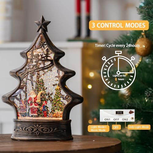 Musical Snow Globe Christmas Tree Lantern Lighted Santa List Christmas Snow Water Lantern Swirling Glittering Home Decoration and Gift, Battery Operated or USB Powered