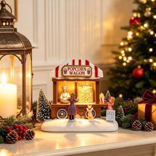MUMTOP Christmas Village House, Animated Popcorn Wagon with Light and Music