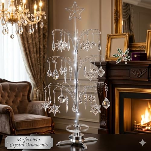 HOHIYA 47" Rotating Ornament Display Tree 60 Hooks Silver Metal Stand