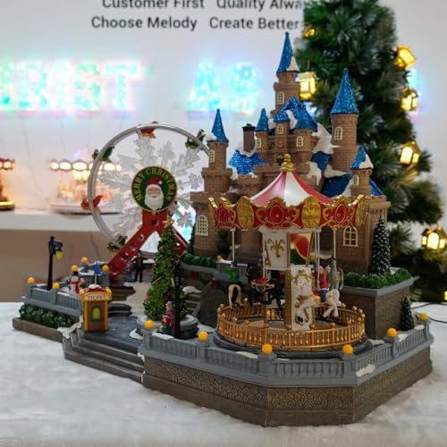 Christmas Village House, with Flying Reindeer, Rotating Christmas Tree,Animated Christmas Village, Carousel and Ferris Wheel, LED Lights 59x37x47cm