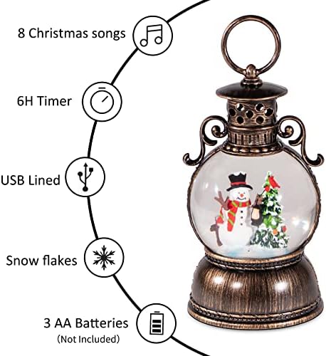 DGSCAK Musical Snow Globe Lantern – 9.4" Lighted Bronze Christmas Snow Globe with Music & Glitter, Snowman & Tree Inside, 8 Songs, 6H Timer, Hanging Ring, USB or Battery Powered, Holiday Decor Gift
