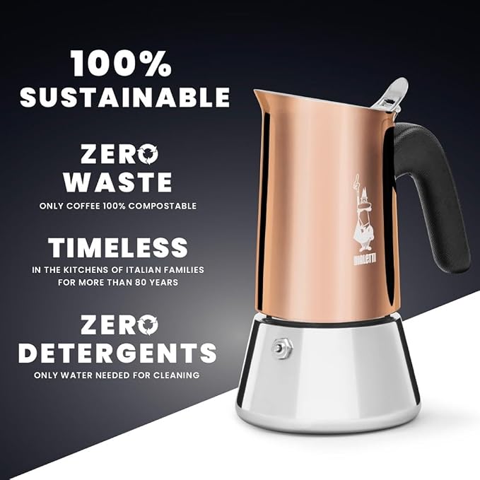 Bialetti - New Venus Induction, Stainless Steel Stovetop Espresso Coffee Maker, Suitable for all Types of Hobs, 6 Cups (7.9 Oz), Copper,Silver