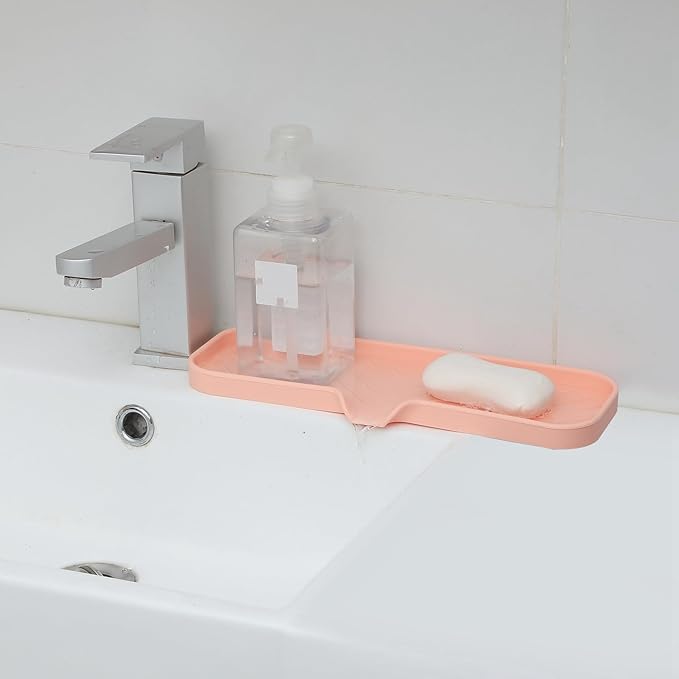 MicoYang Silicone Soap Dish with Drain Spout — Self-Draining Double Sink Organizer Tray for Kitchen & Bathroom, Dispensers, Sponges & Soap Holder, Non-Slip & Dishwasher Safe, Pink (Large, 12"×4")