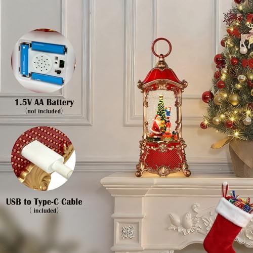 Snow Globes Lantern Home Decor Accent for Child Santa Claus Tree Auto Snowfall Glitter Music Collection with 6H Timer USB/Battery Powered 12.5 inch