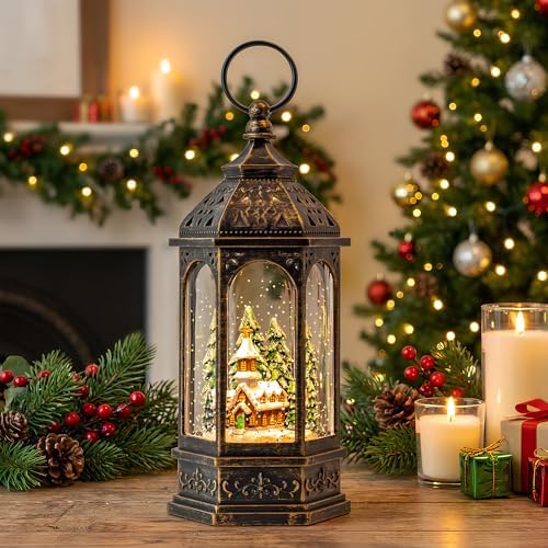 Christmas Snow Globe Lantern Lighted Church Musical Snow Water Lantern Swirling Glittering Home Decoration and Gift, Battery Operated or USB Powered