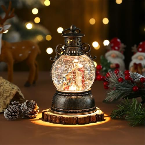 Christmas Snow Globe Lantern, Christmas Snow Globes with Rotating Base, Glitter Swirling Musical Box with Musical LED Lights, Battery Operated & USB Powered Christmas Lanterns for Table Party Decor