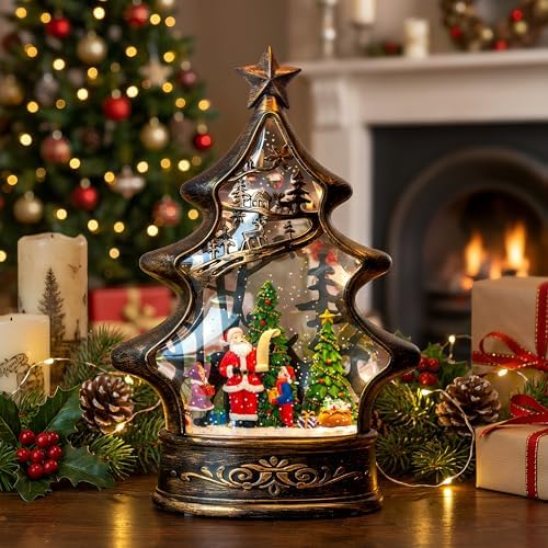 Musical Snow Globe Christmas Tree Lantern Lighted Santa List Christmas Snow Water Lantern Swirling Glittering Home Decoration and Gift, Battery Operated or USB Powered