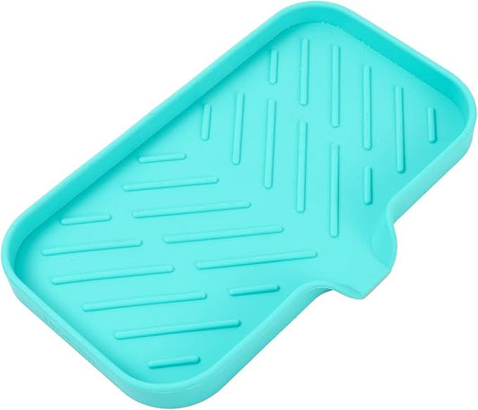 MicoYang Silicone Soap Dish with Drain Spout — Self-Draining Sink Organizer Tray for Bathroom & Kitchen, Sponges, Dispensers & Soap Holder, Non-Slip & Dishwasher Safe, Mint (Medium, 9.6"×5.3")