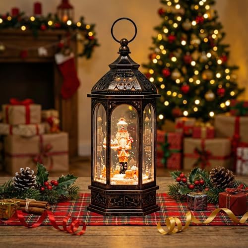 12.8'' Christmas Gingerbread Nutcracker Snow Globe Lantern, Lighted Animated Rotating Train with Musics Swirling Glitter Water Lantern Decoration for Home