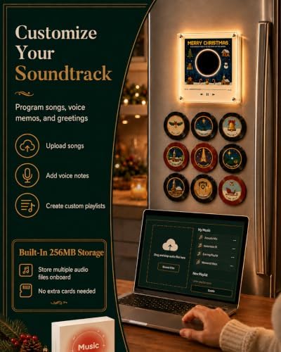 Magnetic Fridge Vinyl Music Box Christmas - 128MB NFC Magnetic Fridge Music Player with 9 Vinyl Style Discs & LED Light, Mini Vinyl Record Player for Holiday Home Display & Gifting，A