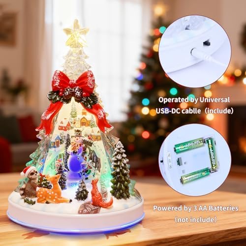 12.8" Animated Christmas Village Crystal Tree with Rotating Skiing Snowman and Lights, Auto 6H Timer and 8 Melodies, USB-DC/Battery Powered Christmas Decorations Collectible Buildings