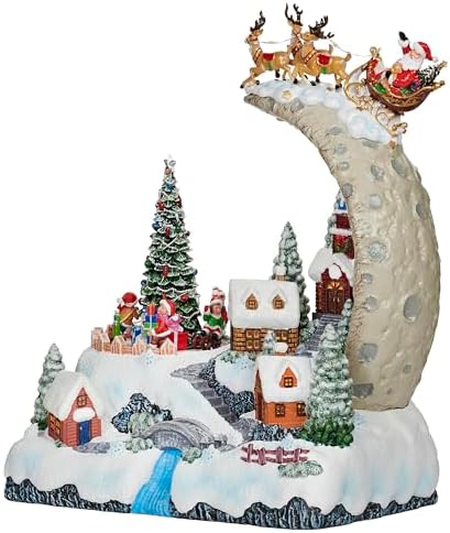 Roman LED Musical Santa Over Moon Village, 11.7" Amusments, Rotating Kids Scene, Lighted Christmas Village Décor, USB or Battery Operated