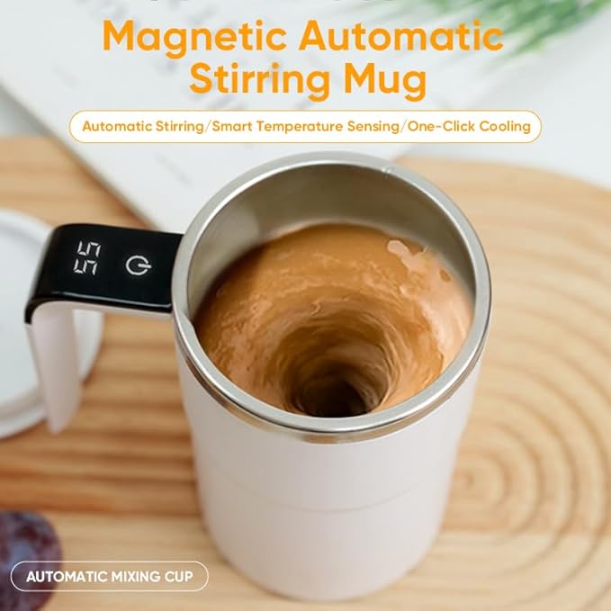 Magnetic Automatic Stirring Coffee Mug, Temperature Display Electric Self Stirring Home Office Travel Mixing Cups, Stainless Steel Automatic Stirring Mug for Coffee, Milk, Tea & Hot Chocolate (White)