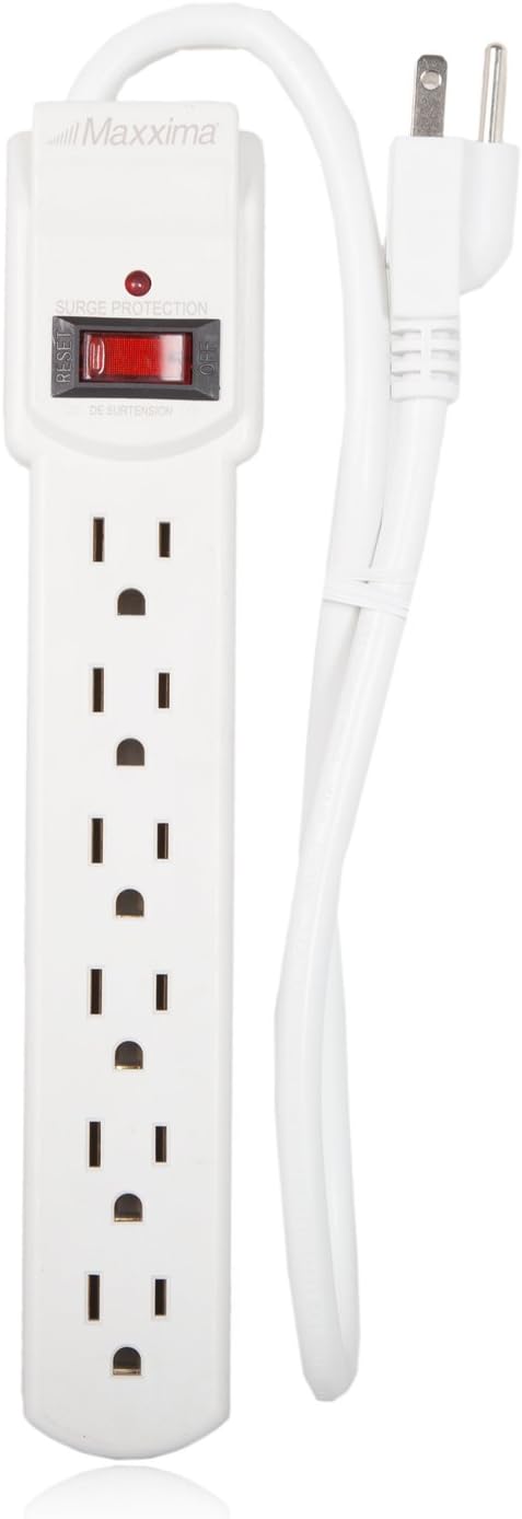 Maxxima 6 Outlet Power Strip Surge Protector - 300 Joules, Features Red On/Off Switch, 4 Pack, Powers Multiple Electronics and Devices Simultaneously, Perfect for Home Appliances - White