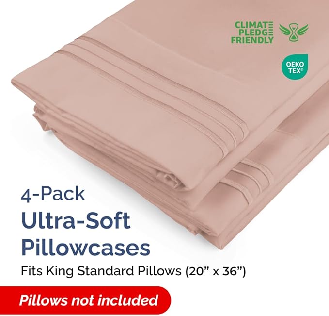 King Standard Pillow Cases Set of 4 - Soft Hotel Quality Pillowcase Covers - Comfy Bedding for Women, Men, Kids & Teens - Machine Washable Pillow Protectors - 4 Piece Set - King Standard Size Mauve