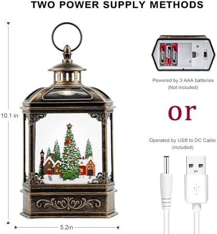 Christmas Village Snow Globe Lantern Musical Lighted Village House Water Lantern in Swirling Glitter, Christmas Home Decoration and Gift, Battery Operated or USB Powered