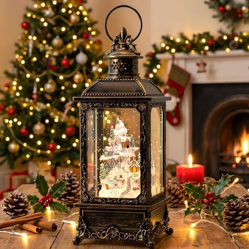 Christmas Snow Globe Lantern Musical Lighted Snow Mountain Snowman Village Water Lantern with Swirling Glitter Decoration for Christmas Home, Living Room, Batter Operated or USB Powered