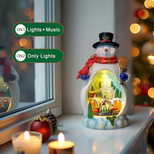 ZQQLITE Animated Collection Figurines Musical Christmas Snowman &Cardinal Village Houses with Rotating Train, Lighted Christmas Collection Figurines for Home Tabletop Decorations Ornaments Gifts