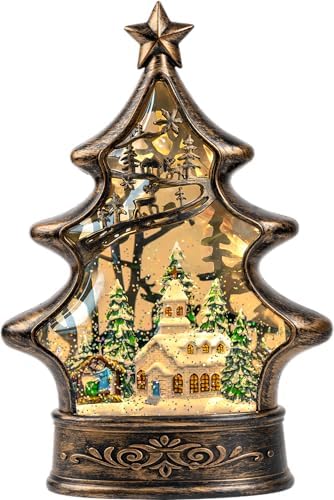 Musical Snow Globe Christmas Tree Lantern Lighted Church with Nativity Manger Scene Water Lantern in Swirling Glitter, Christmas Home Decoration and Gift, Battery Operated or USB Powered