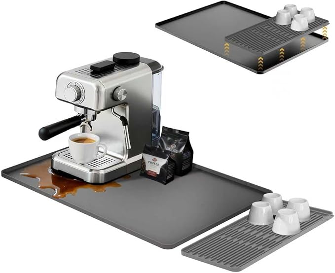 24×16-inch Silicone Coffee Mat for Espresso Machine - Heat Resistant, Waterproof Countertop Protector Pad with Raised Edges, Easy Clean Dish Drying Mat for Kitchen, Pet Food Mat (Grey)