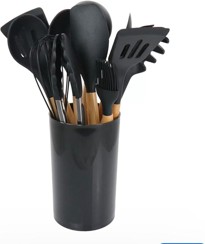 Silicone Kitchen Utensil Set with Wooden Handles – 12 Pieces + Holder, Heat Resistant, Non-Stick Cooking Tools (Multiple Colors (black)
